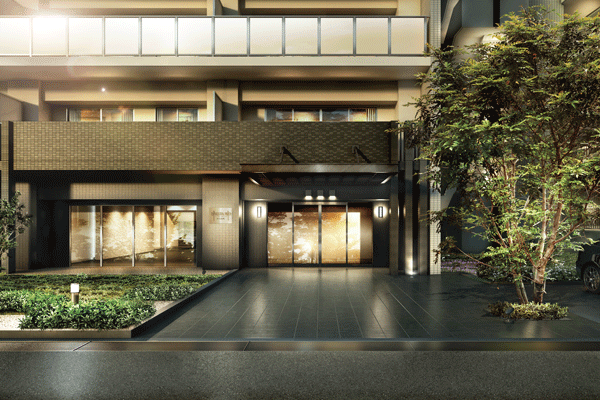 Features of the building.  [entrance] Expressive tile, Harmonization of different materials such as glass or metal, And such rich planting bordering the building, By carefully thinking of the people who live in appearance and approach, Space configurations that afford to feel the quality unpretentious has been decorated (Rendering)