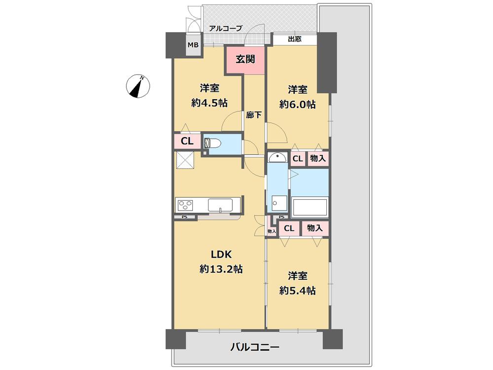 Floor plan. 3LDK, Price 15.8 million yen, Occupied area 61.43 sq m , Sunny per balcony area 9.12 sq m square room! !