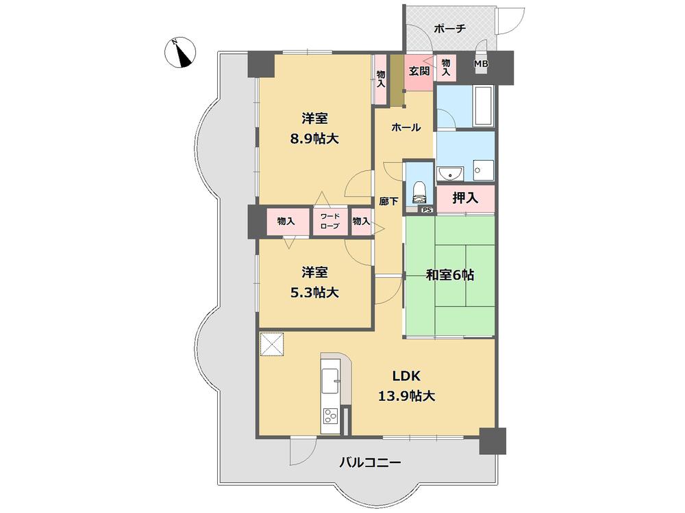 Floor plan. 3LDK, Price 15.8 million yen, Occupied area 75.62 sq m , Sunny per balcony area 28.44 sq m square room