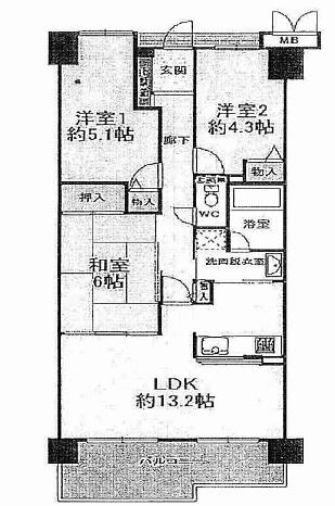 Floor plan. 3LDK, Price 19,800,000 yen, Occupied area 63.36 sq m , Balcony area 9.64 sq m