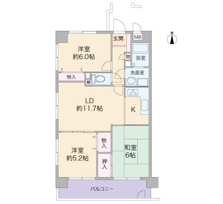 Floor plan. 2LDK, Price 12.8 million yen, Occupied area 62.37 sq m , Balcony area 9.45 sq m