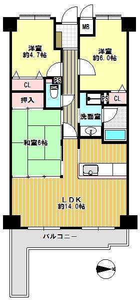Floor plan. 3LDK, Price 6.8 million yen, Occupied area 64.71 sq m , Balcony area 8.39 sq m