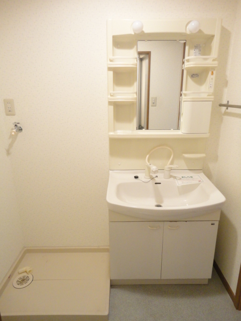 Washroom. Wash basin and washing machine inside the room with shower!