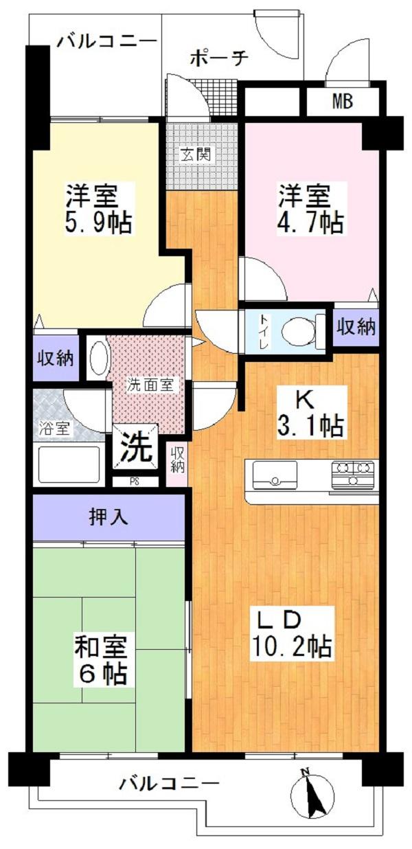 Floor plan. 3LDK, Price 8 million yen, Footprint 65.7 sq m , Balcony area 14.77 sq m