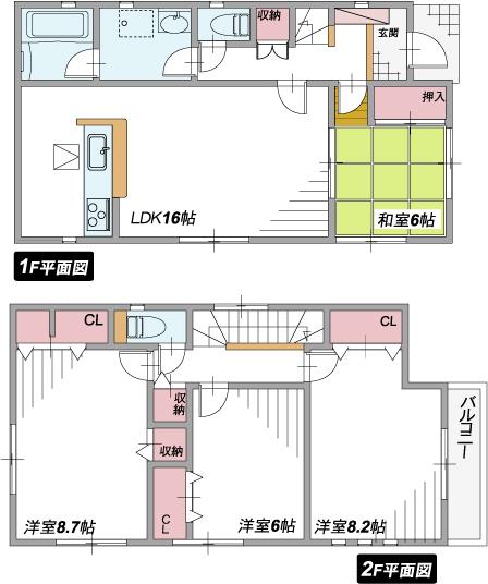 Floor plan. 21,800,000 yen, 4LDK, Land area 108.37 sq m , Building area 102.87 sq m 4LDK, All rooms southwestward, Stairs under storage. Second floor hallway storage have plan