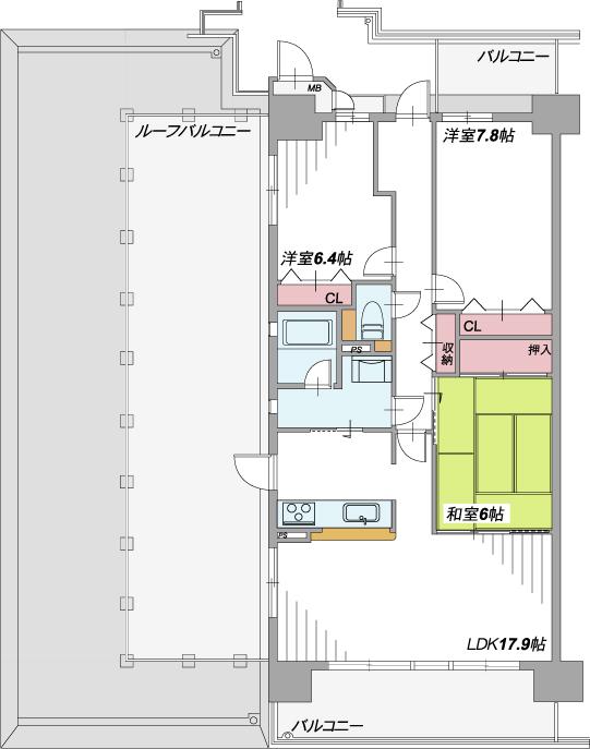 Floor plan. 3LDK, Price 15.8 million yen, Occupied area 84.58 sq m , Balcony area 12.48 sq m roof balcony of the plan. Wash room because the corner room ・ There is a window in the bathroom.