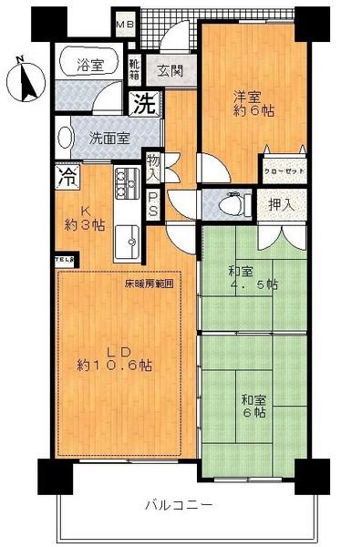 Floor plan. 3LDK, Price 19,800,000 yen, Occupied area 64.01 sq m , Balcony area 10.84 sq m