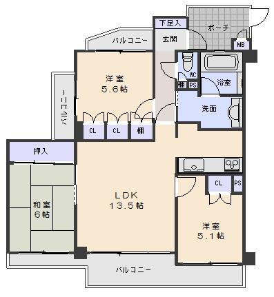 Floor plan. 3LDK, Price 8.5 million yen, Occupied area 69.35 sq m , Balcony area 14.52 sq m