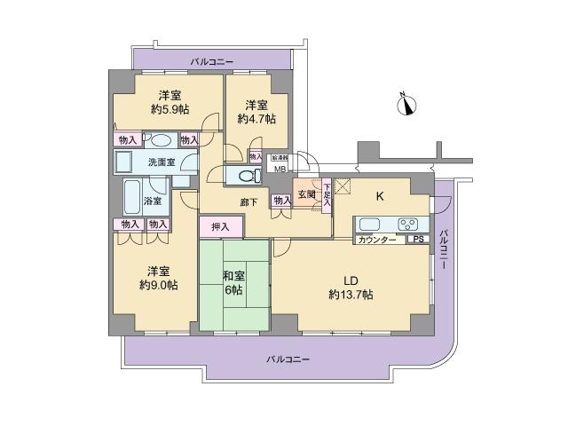Floor plan. 4LDK, Price 13.8 million yen, Occupied area 98.61 sq m , Balcony area 37.62 sq m