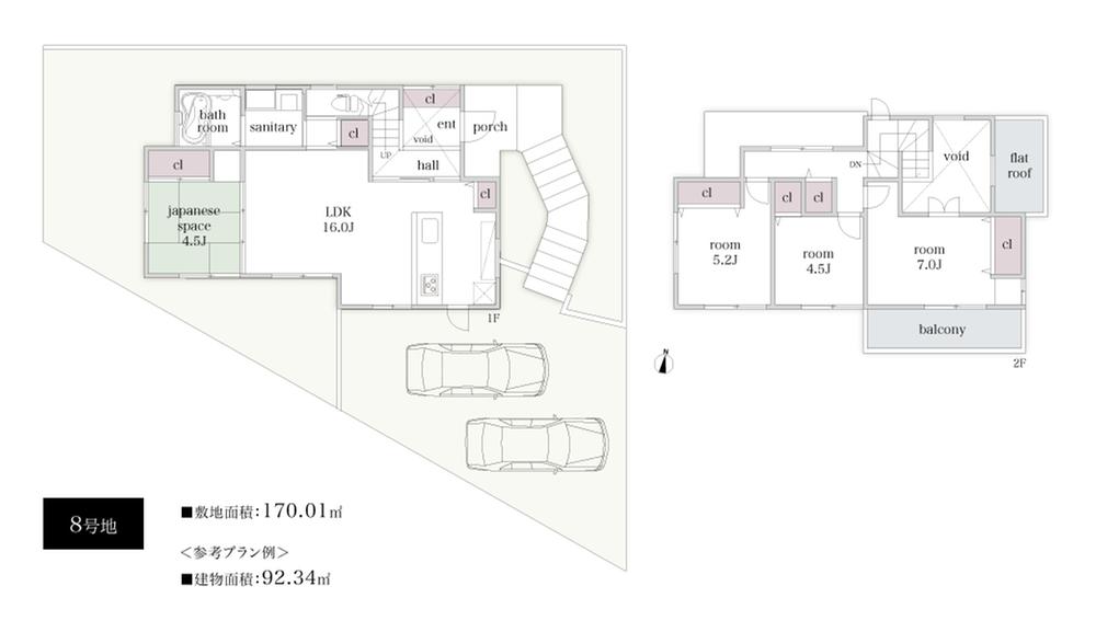Building plan example (floor plan). Building plan example (No. 8 locations) 4LDK, Land price 7.3 million yen, Land area 170.01 sq m , Building price 15.6 million yen, Building area 92.34 sq m