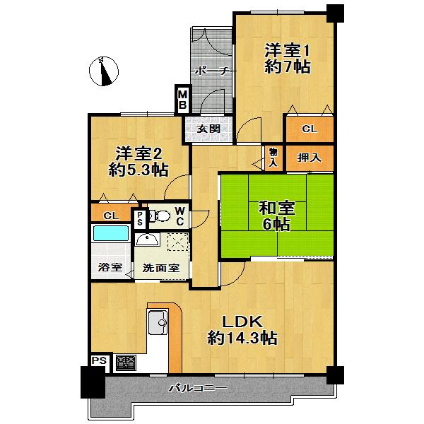 Floor plan. 3LDK, Price 16,900,000 yen, Footprint 72 sq m , Balcony area 14.79 sq m interior renovation completed