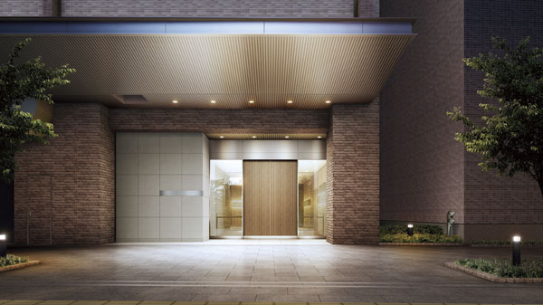 Shared facilities.  [Main Entrance] A spacious sidewalk, Main entrance to arrive is escorted to the tree-lined of evergreen oak. Graciously welcome large overhanging canopy. Elegant pillars and walls due to border tile high nestled is, Makes you feel the joy that live here (Rendering)