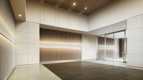 Shared facilities.  [Entrance hall] Entrance Hall of tranquil space that arrived went back to escape the bustle in front of the station. Tones and neat color of the white system, And the design is natural attractive flavor of the wood that was used in the walls and ceiling, Drifts strangely elegance of contrast due to the color (Rendering)