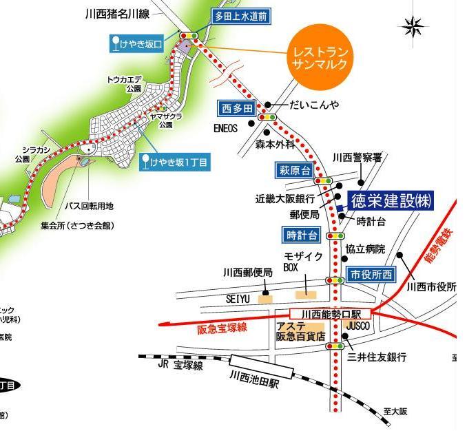 Access view. Hankyu Kawanishi-Noseguchi Station, Keyakizaka local traffic guide map from JR Kawanishi Ikeda Station
