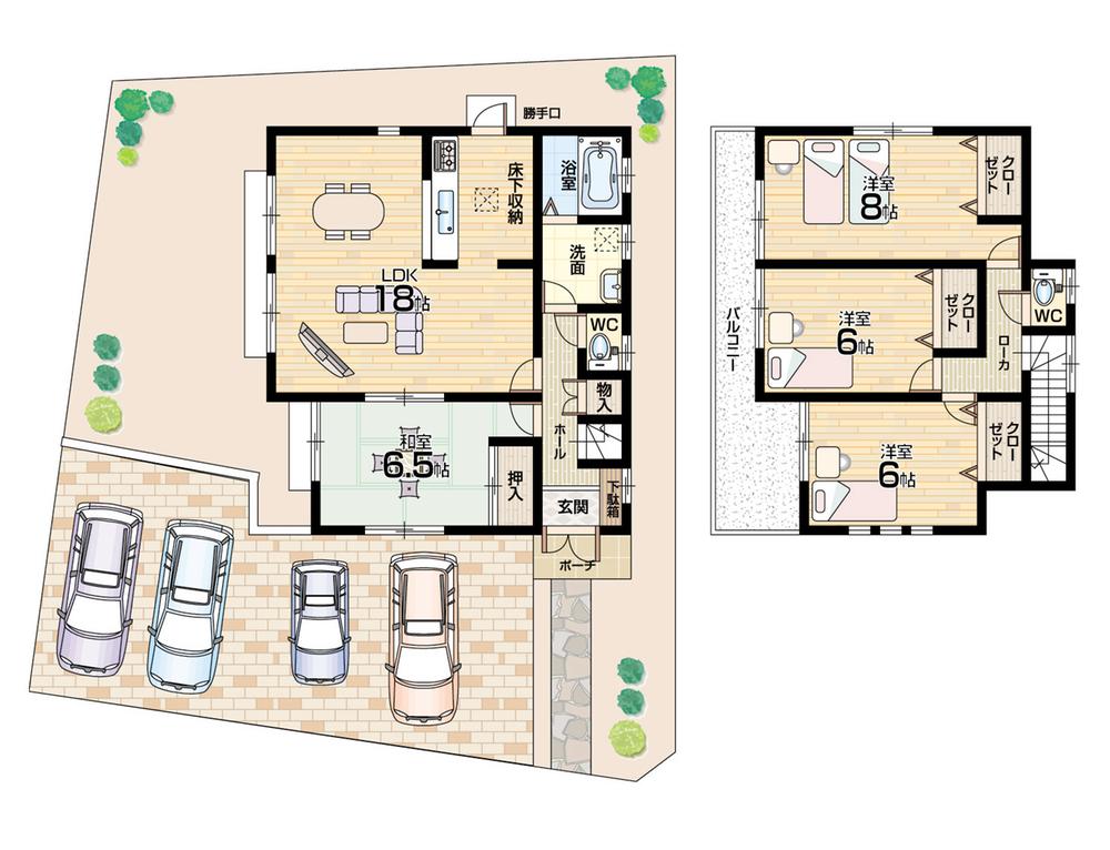 Floor plan. 27,800,000 yen, 4LDK, Land area 204.66 sq m , Building area 102.67 sq m large car happy parking four Allowed! 