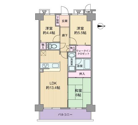 Floor plan. 3LDK, Price 13.6 million yen, Footprint 66 sq m , There are in addition to storage space in the balcony area 9 sq m walk-in closet, It has become a livable floor plan