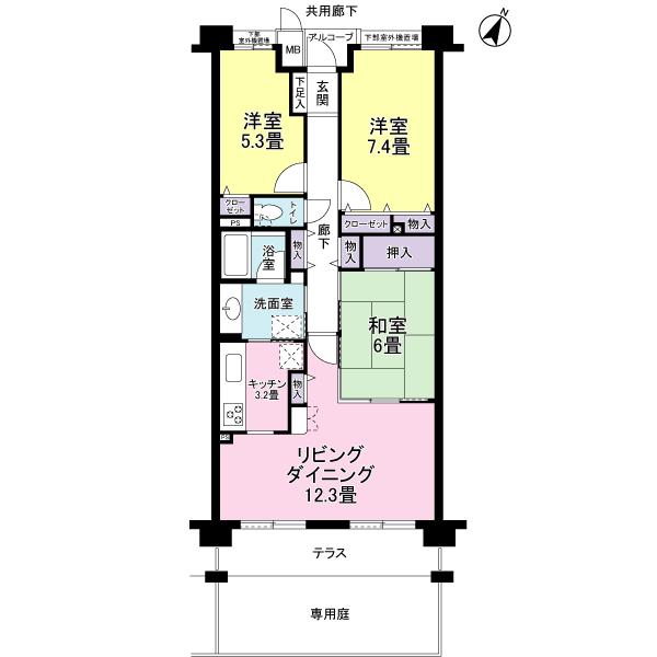 Floor plan. 3LDK, Price 12.8 million yen, Occupied area 76.53 sq m , Balcony area 8.4 sq m
