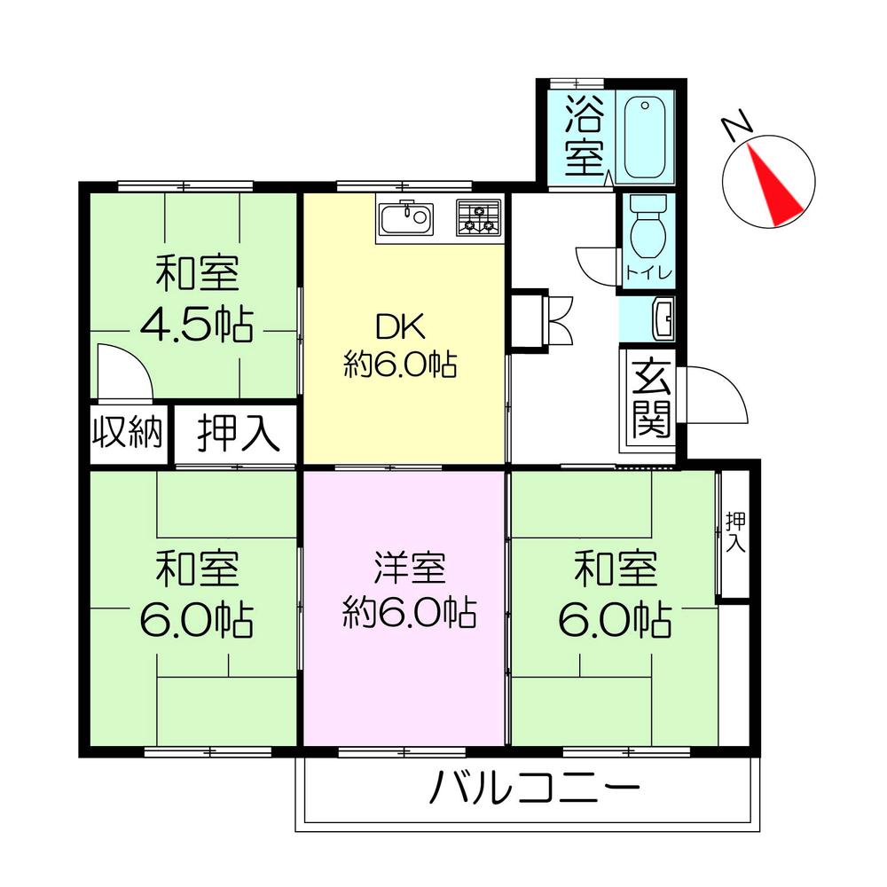 Floor plan. 4DK, Price 2.5 million yen, Footprint 65.4 sq m , Balcony area 6.35 sq m
