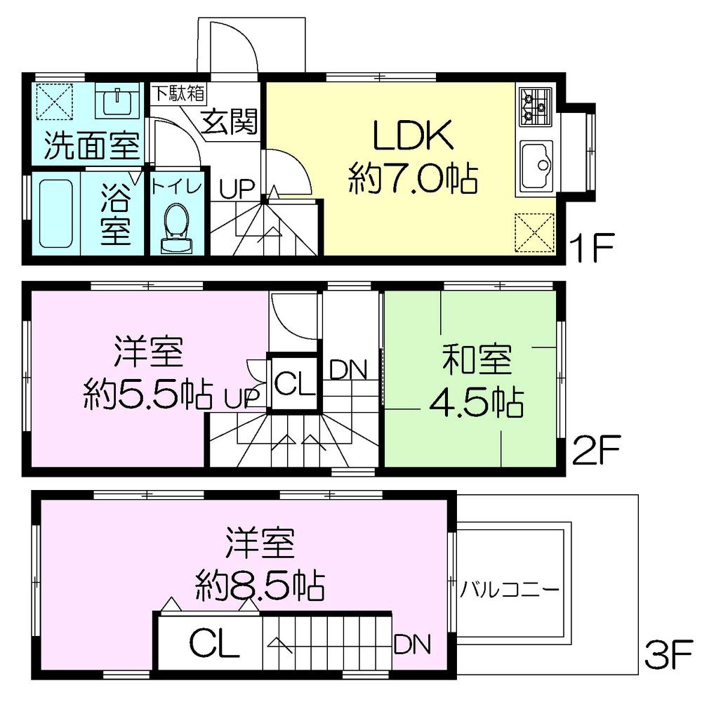 Floor plan. 11.8 million yen, 3LDK, Land area 44.29 sq m , Building area 62.09 sq m