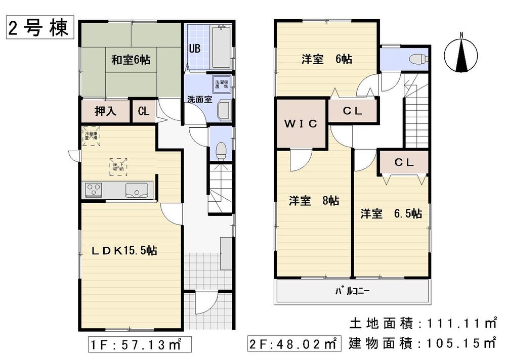 Floor plan. (Building 2), Price 21,800,000 yen, 4LDK, Land area 111.11 sq m , Building area 105.15 sq m