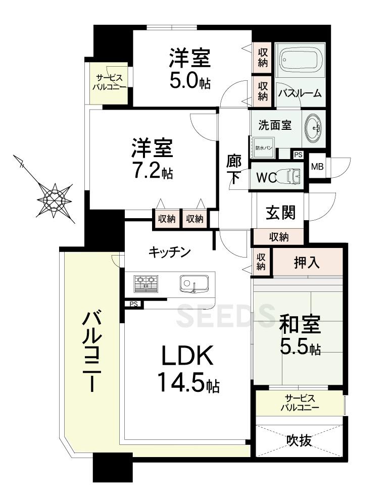 Floor plan. 3LDK, Price 32,800,000 yen, Occupied area 72.13 sq m , Balcony area 10.91 sq m