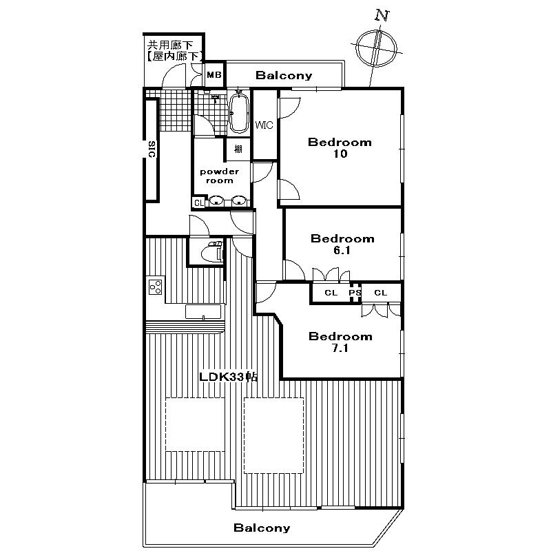 Floor plan. 3LDK, Price 69,800,000 yen, Footprint 123.24 sq m , Balcony area 15.92 sq m
