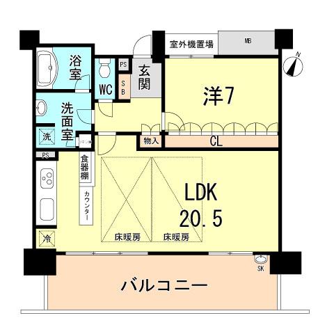 Floor plan. 1LDK, Price 30,800,000 yen, Occupied area 62.44 sq m , Balcony area 17.04 sq m