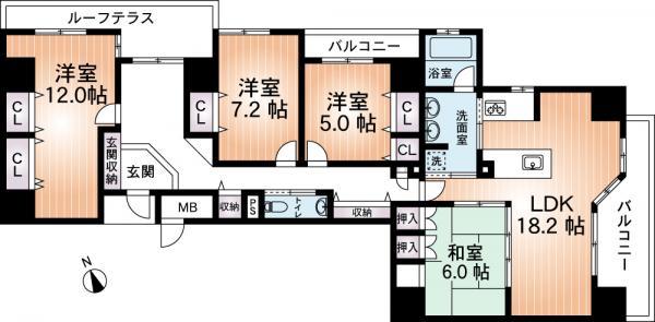 Floor plan. 4LDK, Price 69,500,000 yen, Footprint 128.69 sq m , Balcony area 17.43 sq m floor plan drawings