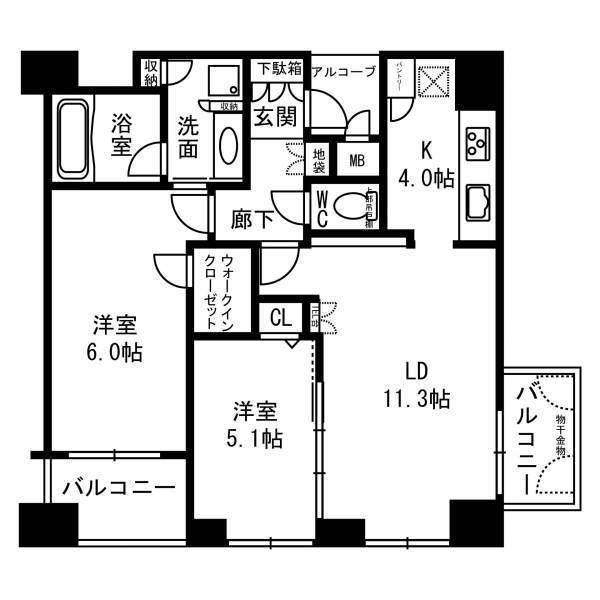 Floor plan. 2LDK, Price 27,800,000 yen, Occupied area 61.72 sq m , Balcony area 6.74 sq m