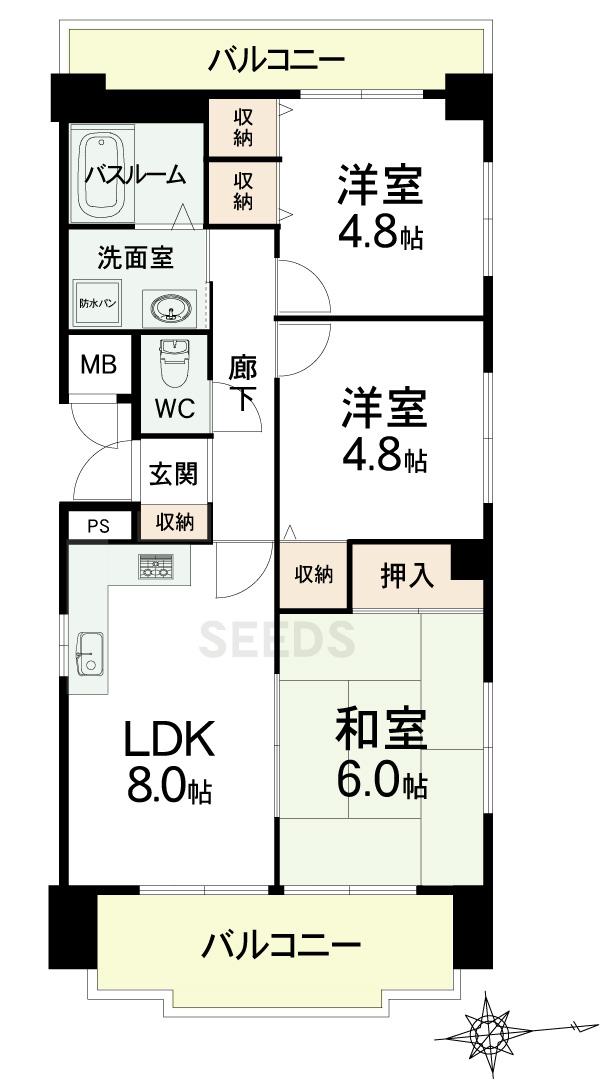 Floor plan. 3LDK, Price 17.5 million yen, Occupied area 56.39 sq m , Balcony area 13.32 sq m