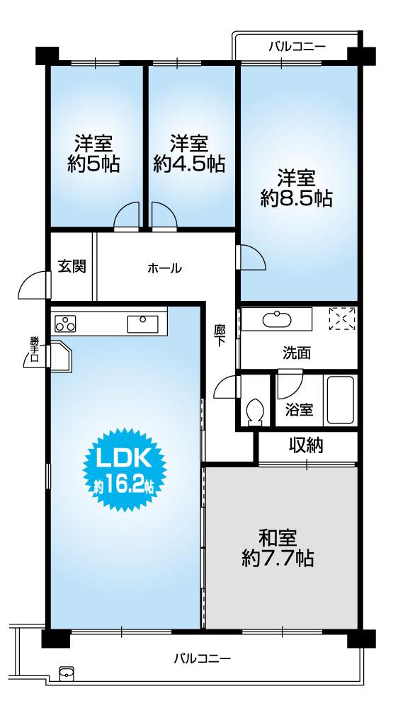 Floor plan. 4LDK, Price 20.8 million yen, Occupied area 98.81 sq m , Proprietary 98 sq m 4LDK floor plan of the balcony area 20.44 sq m room!