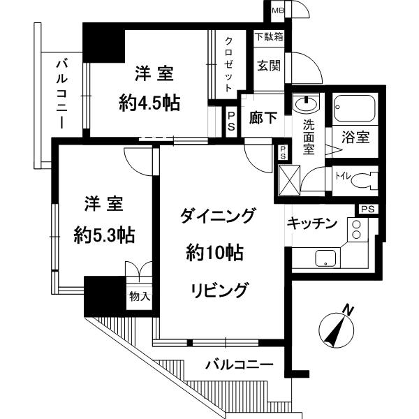 Floor plan. 2LDK, Price 18.5 million yen, Occupied area 53.81 sq m , Balcony area 10.64 sq m