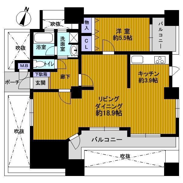 Floor plan. 1LDK, Price 18.9 million yen, Occupied area 61.46 sq m , Balcony area 12.95 sq m