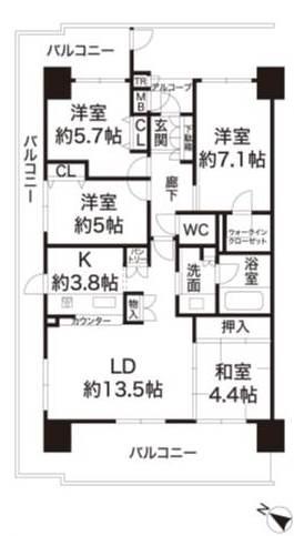 Floor plan. 4LDK, Price 34,800,000 yen, Footprint 87.9 sq m , Balcony area 35.56 sq m