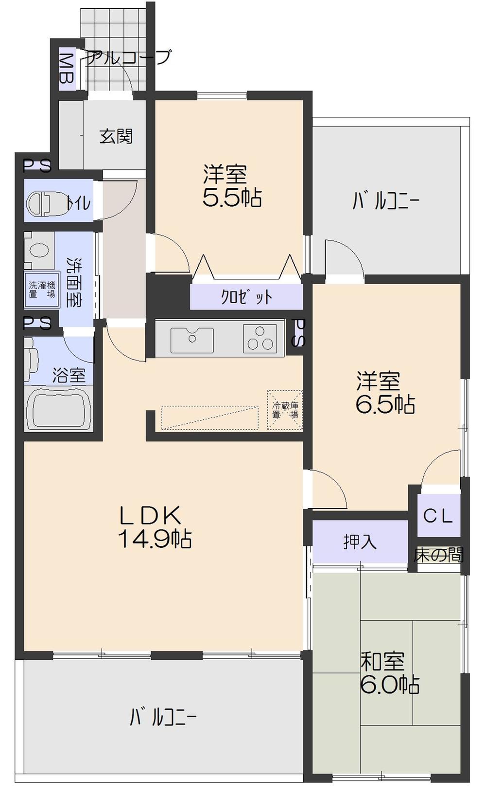 Floor plan. 3LDK, Price 26,900,000 yen, Occupied area 67.92 sq m , Balcony area 16.78 sq m