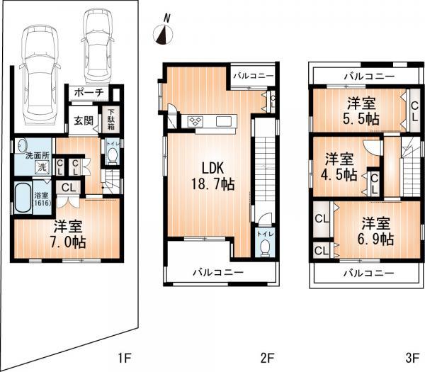 Floor plan. 49,800,000 yen, 4LDK, Land area 87.77 sq m , Building area 124.17 sq m widely ・ Easy to use ・ Housed plenty ・ Bright living room