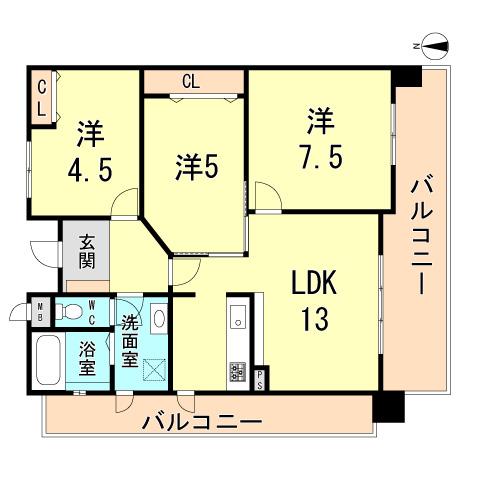 Floor plan. 3LDK, Price 31 million yen, Occupied area 75.19 sq m , Balcony area 22.74 sq m