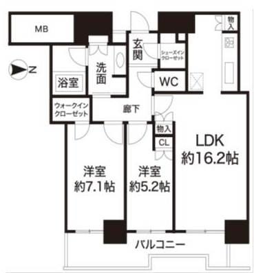 Floor plan. 2LDK, Price 33,800,000 yen, Occupied area 67.94 sq m , Balcony area 9.36 sq m