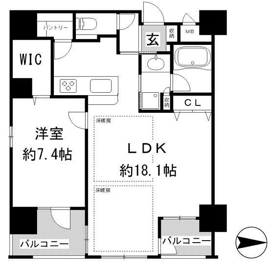 Floor plan. 1LDK, Price 35,600,000 yen, Occupied area 58.45 sq m , Balcony area 7.47 sq m Wakore Kobe Masters Residence Floor plan