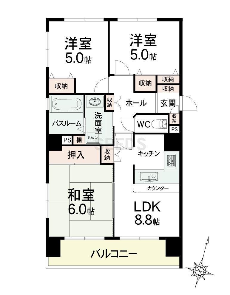 Floor plan. 3LDK, Price 22,800,000 yen, Occupied area 57.68 sq m , Balcony area 8.4 sq m