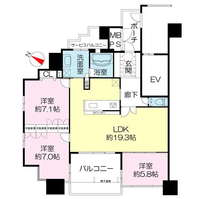 Floor plan. 3LDK, Price 60,400,000 yen, Occupied area 86.93 sq m , Balcony area 9.79 sq m