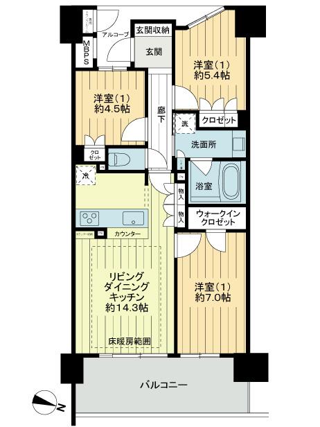 Floor plan. 3LDK, Price 41 million yen, Occupied area 70.74 sq m , Balcony area 12.3 sq m