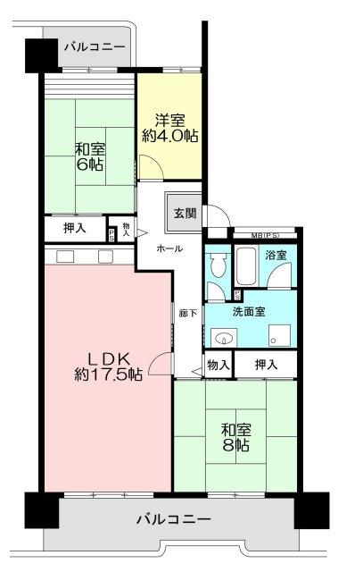 Floor plan. 3LDK, Price 14.8 million yen, Footprint 89.9 sq m , Balcony area 17.56 sq m