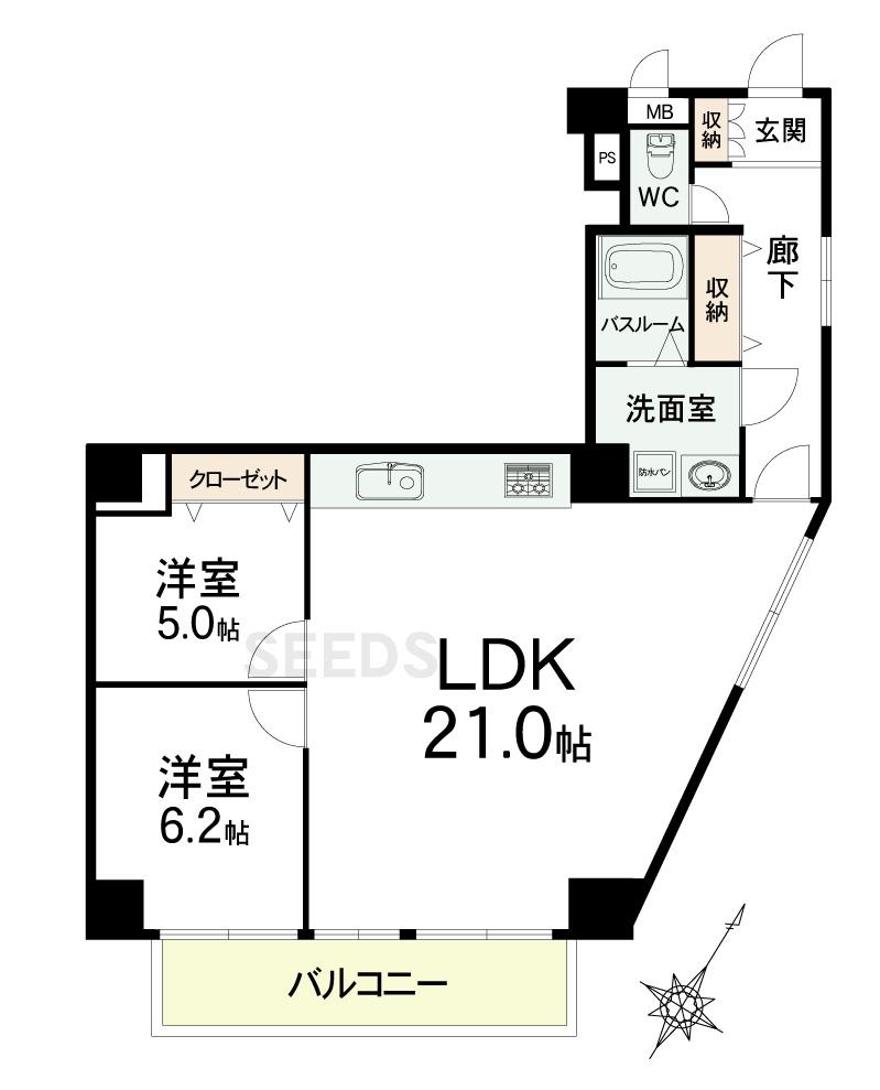 Floor plan. 2LDK, Price 21,800,000 yen, Occupied area 73.24 sq m , Balcony area 7.02 sq m