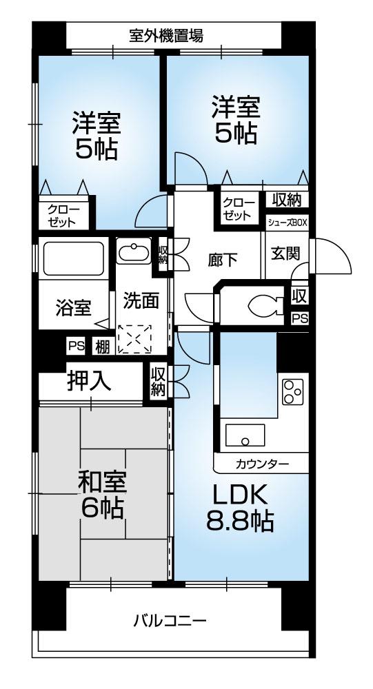 Floor plan. 3LDK, Price 22,800,000 yen, Occupied area 57.68 sq m , Balcony area 8.4 sq m south-facing balcony! Madoyu in the bathroom!