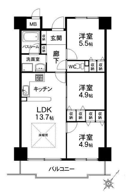 Floor plan. 3LDK, Price 18,800,000 yen, Occupied area 64.71 sq m , Balcony area 8.56 sq m