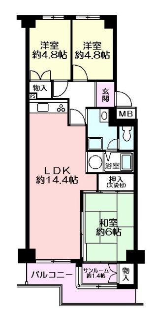 Floor plan. 3LDK + S (storeroom), Price 14.8 million yen, Footprint 70.8 sq m , Balcony area 6.76 sq m