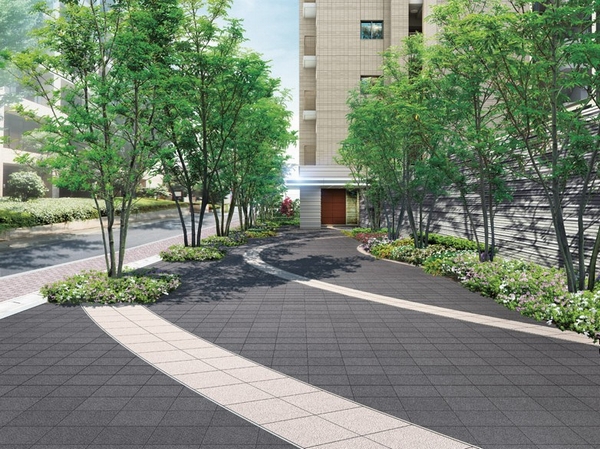 Taking advantage of the <Green promenade> corner lot location, Green promenade that colored the open spaces of the site east rhythmic planting. White line with the image of the ripples is followed to the entrance hall (Rendering)