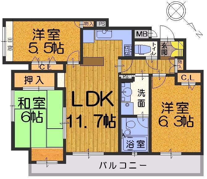 Floor plan. 3LDK, Price 31,800,000 yen, Occupied area 67.02 sq m , Since it is a balcony area 12.64 sq m angle room window plenty