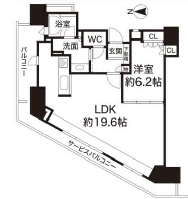 Floor plan. 1LDK, Price 32,500,000 yen, Occupied area 62.12 sq m , Balcony area 6.42 sq m